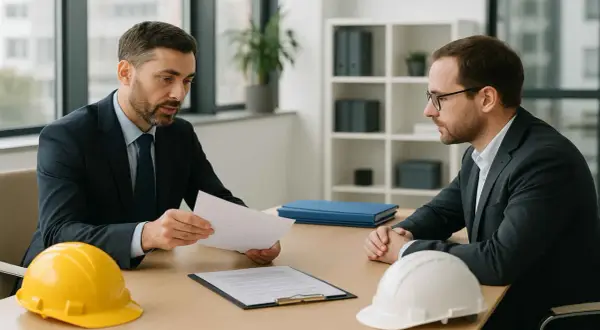 Due uomini d'affari discutono documenti. Sul tavolo, elmetti gialli e bianchi, simboli della sicurezza sul lavoro. Il responsabile del servizio di prevenzione e protezione viene nominato dal datore di lavoro.