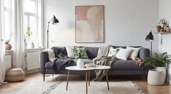 En grå soffa med kuddar och plädar, ett runt soffbord och en matta. En tavla med abstrakt mönster ger en känsla av exotisk inredning.
