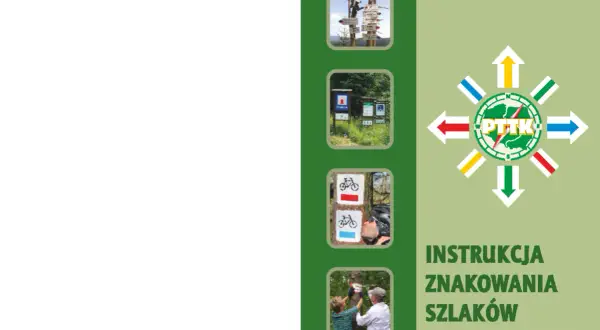 Kolaż zdjęć: słupy z drogowskazami, znaki szlaków, ludzie znakujący szlak.