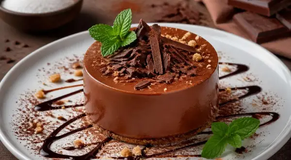 Un délicieux gâteau individuel au chocolat, garni de copeaux de chocolat noir et de menthe fraîche. Une œuvre d'art gourmande, comme des sablés au chocolat sublimés.