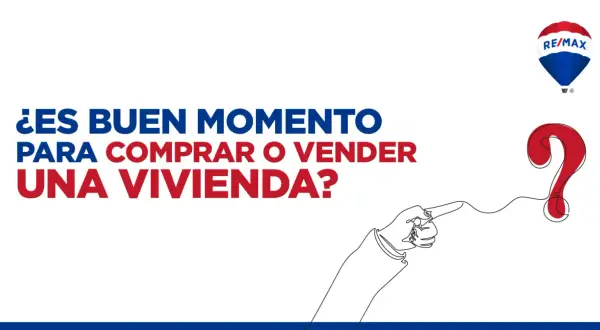 ¿Es buen momento para comprar vivienda? Un dedo señala un gran signo de interrogación rojo. Logo de RE/MAX.