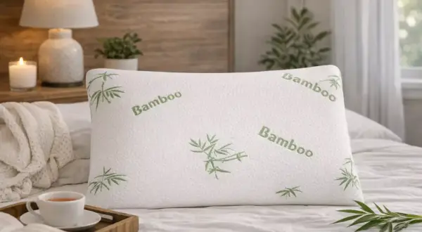 A white pillow with "Bamboo" embroidered in green, featuring a subtle bamboo leaf design. Imagine the fresh, clean bamboo pillows smell as you rest.