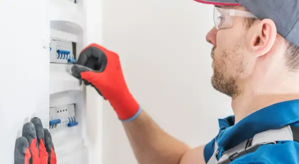 Elektryk w czerwonych rękawicach dokonuje przeglądu instalacji elektrycznej, sprawdzając bezpieczniki w skrzynce.
