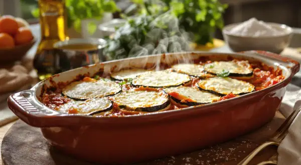 Un plat fumant d'aubergine parmigiana, avec des couches d'aubergines grillées, de sauce tomate et de fromage, prêt à être dégusté.