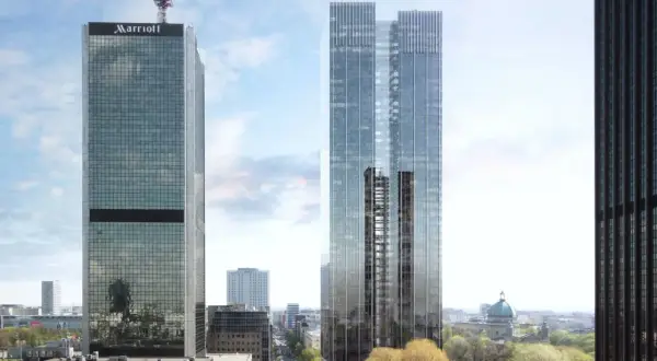 Nowoczesne wieżowce, w tym Marriott i roma tower, dominują nad panoramą miasta.