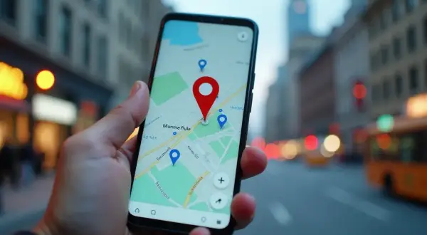 Dłoń trzyma smartfon z mapą i czerwoną pinezką. Dowiedz się, jak wysłać pinezkę, aby udostępnić lokalizację.