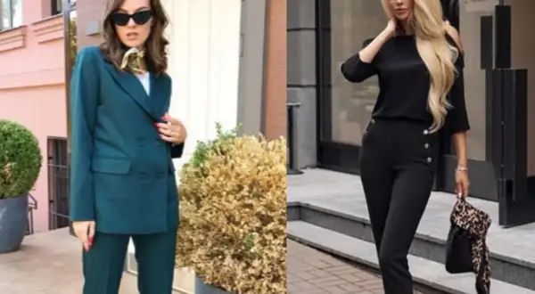 Eleganckie stylizacje, które podpowiedzą, jak ubrać się do sądu: ciemnozielony garnitur i czarny komplet.