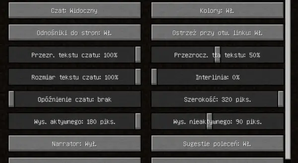 Ustawienia czatu w Minecraft. Aby wyłączyć narratora, znajdź opcję "Narrator: Wył." i kliknij ją.