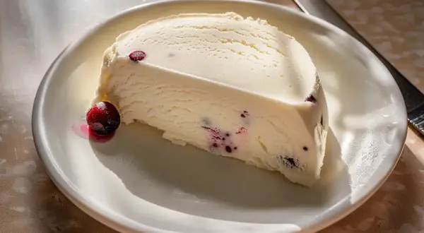 En bit krämig semifreddo med bär på en vit tallrik, redo att avnjutas. Ett perfekt semifreddo recept.
