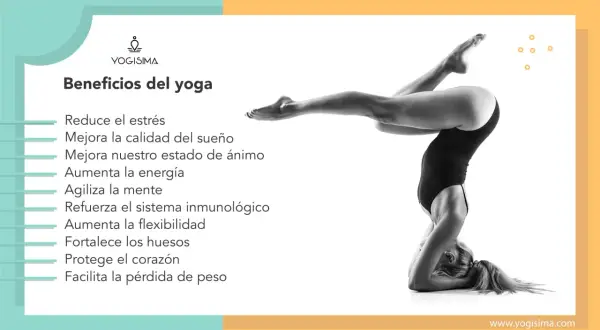 Yoga: reduce estrés, mejora sueño, refuerza el sistema inmune y más. Mujer en postura de yoga invertida.