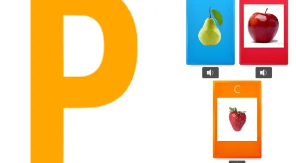 Letra P gigante junto a tarjetas con una pera (A), manzana (B) y fresa (C). Un juego para aprender con p.