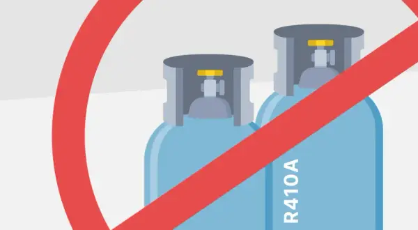 Verbotsschild über zwei blauen Gasflaschen mit der Aufschrift "R410A".