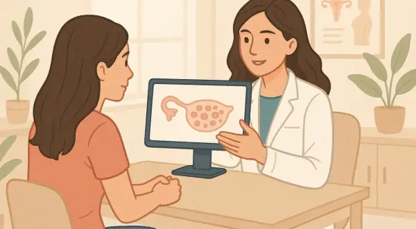 Une médecin explique à une patiente une image d'ovaire kystique, évoquant le diagnostic SOPK.