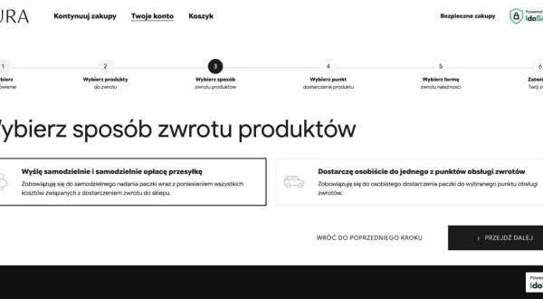 Wybieram sposób zwrotu produktów, ad vocem x. Mogę wysłać paczkę samodzielnie lub dostarczyć ją osobiście do punktu obsługi zwrotów.