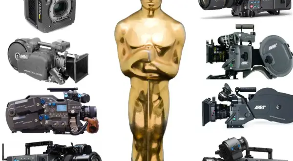 Złoty Oscar i różne kamery filmowe, od starych po nowoczesne, przypominają, kiedy wynaleziono kamerę i jak ewoluowała sztuka filmowa.