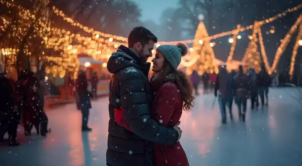 Para zakochanych na lodowisku, otoczona świątecznymi światłami. Idealny moment, by powiedzieć kocham cię.