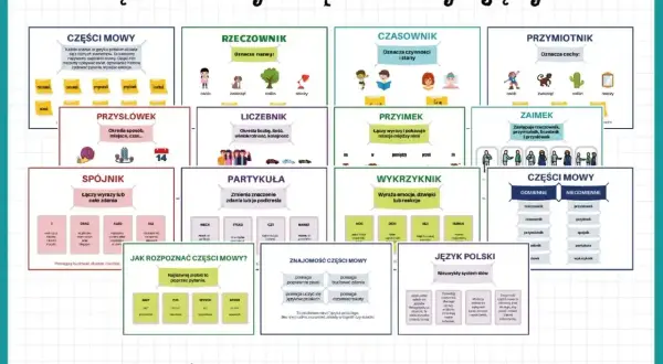 Karty edukacyjne o częściach mowy: rzeczownik, czasownik, przymiotnik, przysłówek, zaimek, spójnik, partykuła, wykrzyknik, liczebnik. Pomoc w nauce języka polskiego.