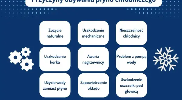 Przyczyny ubywania płynu chłodniczego: zużycie naturalne, uszkodzenie mechaniczne, nieszczelność chłodnicy, awaria nagrzewnicy, problem z pompą wody, uszkodzenie korka, użycie wody zamiast płynu, zapowietrzenie układu, uszkodzenie uszczelki pod głowicą.