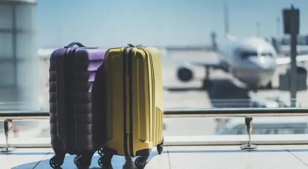 Zwei Koffer, lila und gelb, stehen am Flughafen vor einem Flugzeug.