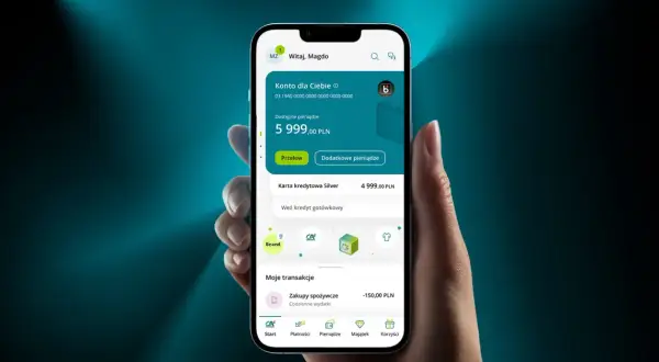 Widok aplikacji mobilnej Credit Agricole, pokazujący jak zalogować się do banku. Na ekranie widać saldo konta i dostępne opcje.
