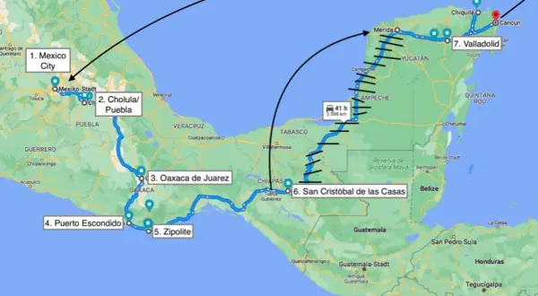 Reiseroute für Backpacking in Mexiko: Von Mexiko-Stadt über Oaxaca und Chiapas bis Yucatán.