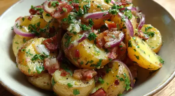 En skål med tysk potatissallad, full av potatis, rödlök, knaperstekt bacon och färsk persilja.