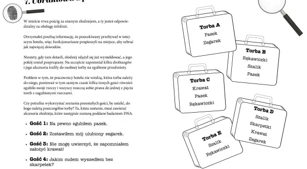 Krótkie zagadki kryminalne z odpowiedziami: pięć toreb z zagubionymi przedmiotami, w tym paski, zegarki i krawaty. Która należy do złodzieja?