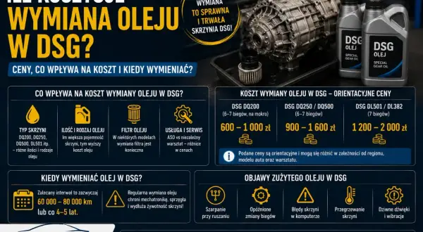 Ile kosztuje wymiana oleju w skrzyni automatycznej DSG? Zalecany interwał to 60-80 tys. km lub co 4-5 lat.