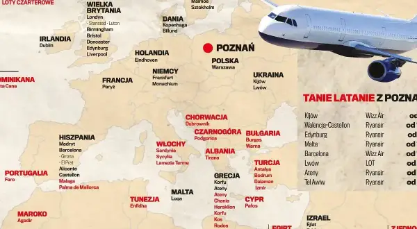 Mapa Europy z samolotem i miastami, pokazująca, ile się leci do Turcji i innych krajów z Poznania.