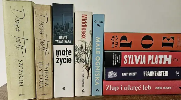 Książki na półce, w tym "Małe życie" i "Tajemma historia", sugerują rozważania o życiu po życiu.