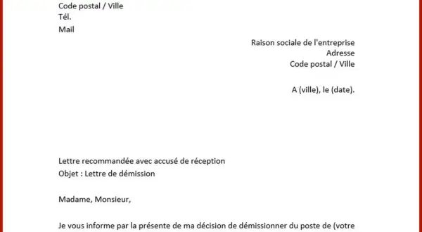 Exemple de lettre de démission. Ce document officiel, envoyé en recommandé, annonce la décision de quitter son poste.