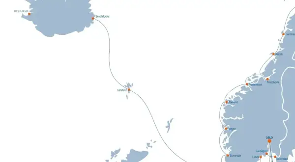 Mapa tras promowych z Islandii, przez Wyspy Owcze, do Norwegii i Danii. Planujesz podróż? Prom do Norwegii czeka!