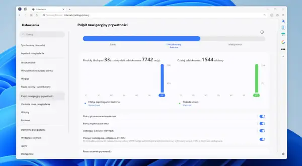 Pulpit nawigacyjny prywatności w Samsung Internet Browser pokazuje statystyki blokowania modułów śledzących i reklam.