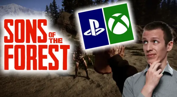 Sons of the Forest" Logo mit PlayStation- und Xbox-Symbolen. Ein Mann denkt nach, während im Hintergrund ein mutierter Gegner lauert. Kommt das Spiel für die PS5?