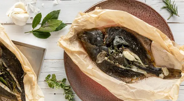 Two whole sole fish, seasoned and wrapped in parchment paper, with garlic and herbs.