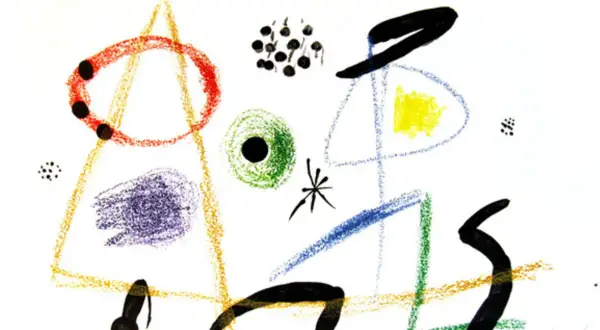 A whimsical Miro artist creation with abstract shapes: red circle, yellow square, blue and green lines, and black forms.