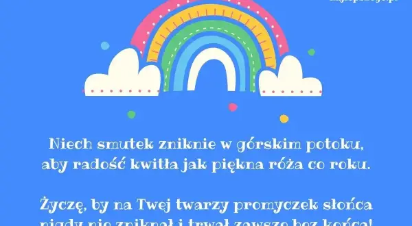 Kolorowa tęcza nad chmurkami, z tekstem pełnym ciepłych życzeń dla mamy.