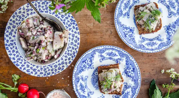 Brantevikssill recept på en vacker blåvit tallrik, med sill, rödlök och dill. Serveras på mörkt bröd.