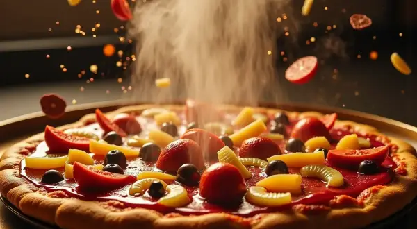 Słodka pizza z owocami i polewą, z unoszącymi się w powietrzu składnikami i parą.