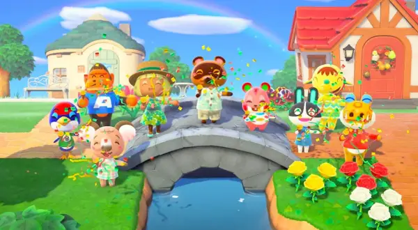 Urocza scena z gry Animal Crossing na PC. Zwierzątka świętują na moście, sypiąc konfetti.