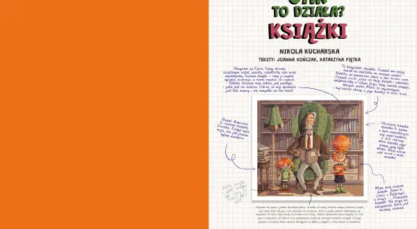 Ilustracja przedstawia dziadka czytającego książkę dwóm wnukom w otoczeniu regałów z książkami.