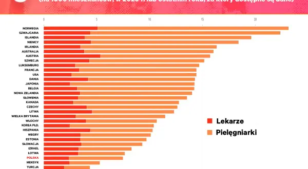 Wykres pokazuje, ile jest lekarzy w Polsce (ok. 3 na 1000 mieszkańców) i pielęgniarek w krajach OECD.