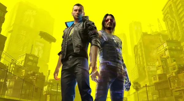 Dwóch mężczyzn w neonowym mieście. Zastanawiasz się, ile godzin zajmie Ci przejście Cyberpunk 2077?