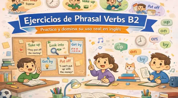 Niños aprendiendo phrasal verbs en inglés. Ejercicios de "take up", "look into", "get by", "put off" y más.