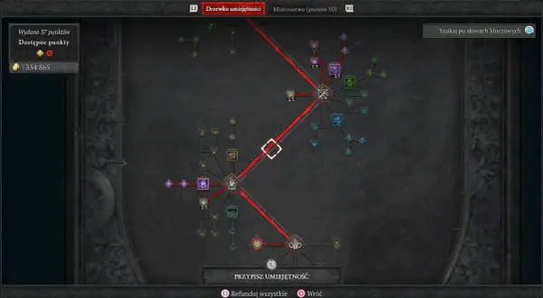 Drzewko umiejętności dla łotra w Diablo 4. Widoczne punkty wydane i dostępne, złoto. Skupienie na budowaniu postaci.