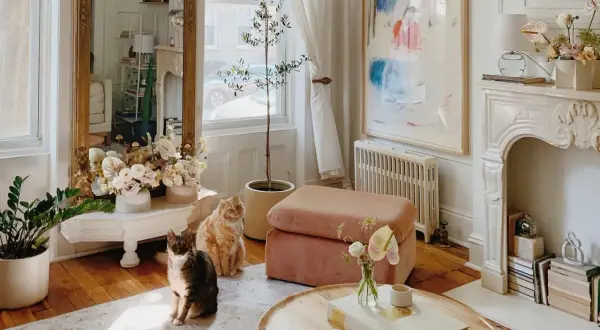 Two cats sit near a tall pier mirror reflecting a bright room with flowers and a painting.