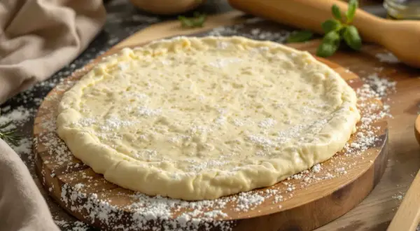 Pâte à pizza levure fraîche prête à être garnie, saupoudrée de farine sur une planche en bois.