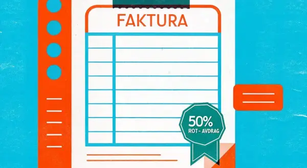 En stiliserad faktura med texten "FAKTURA" och en ruta för 50% ROT-avdrag. Ett perfekt faktura exempel för hantverkare.