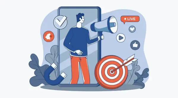 Un uomo con megafono su smartphone, magnete, bersaglio e icone social. Illustra l'employer branding cos'è: attrarre talenti con una strategia mirata.
