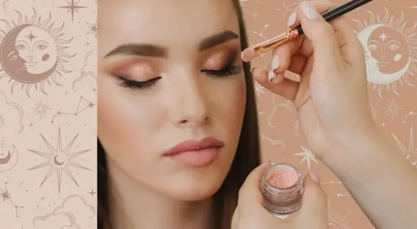 Guida per imparare come fare un make up perfetto: applicazione di ombretto scintillante con pennello su un occhio di una modella.